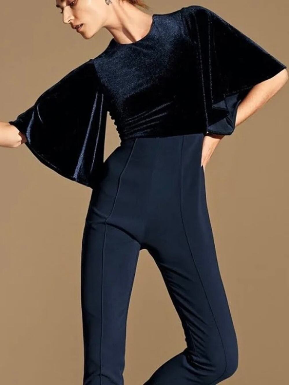 Black Halo Blue Milla Velvet Top Flutter Sleeve Jumpsuit Sz.6